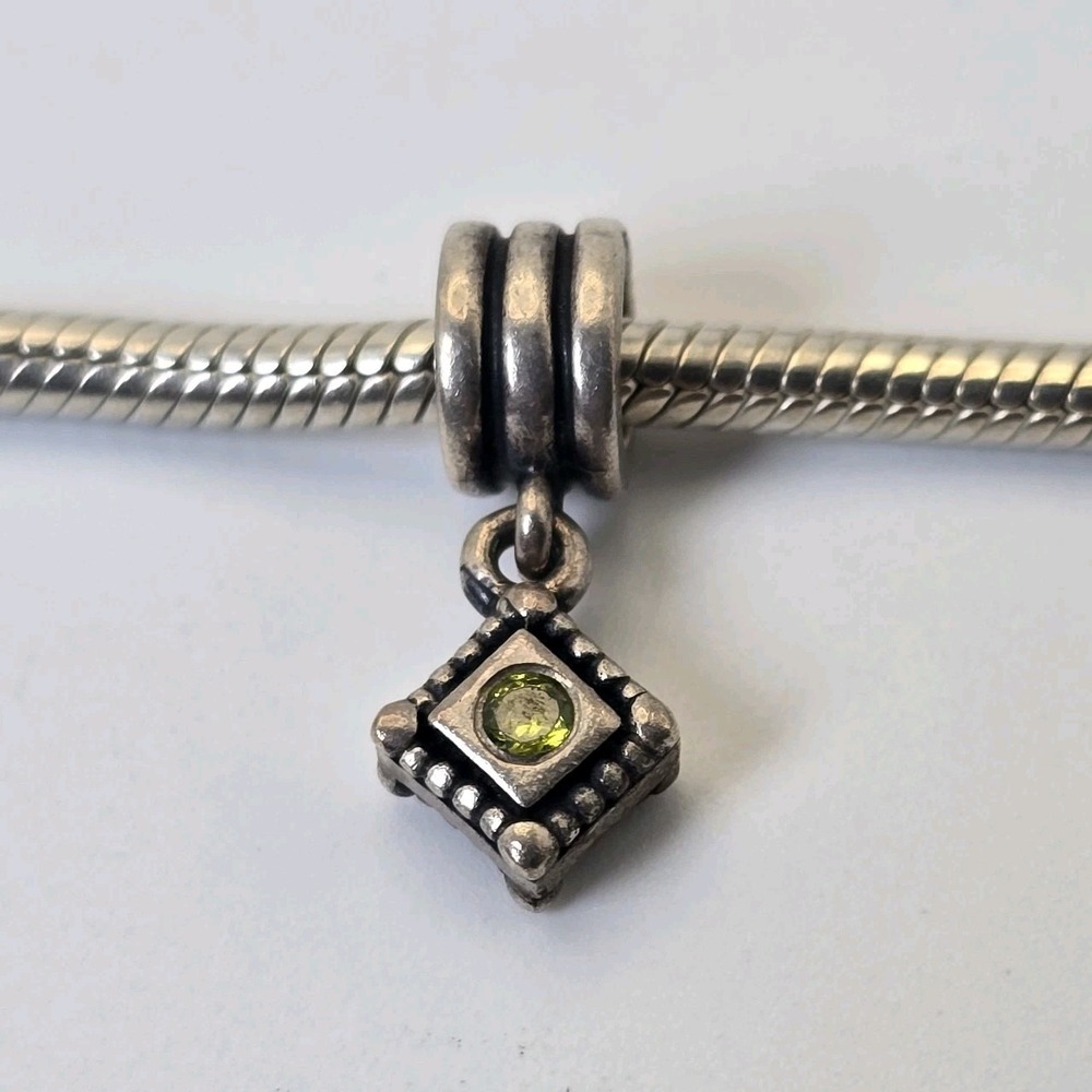 Pandora Sterling Silver Green CZ Square Dangle Charm 925 ALE Retired